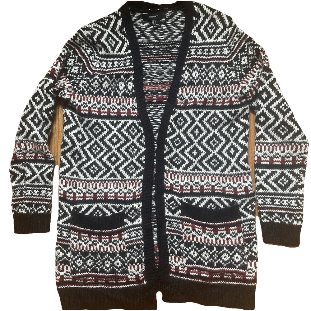 Forever 21 Southwestern Women's M Cardigan Sweater Knit Black Open Front Acrylic